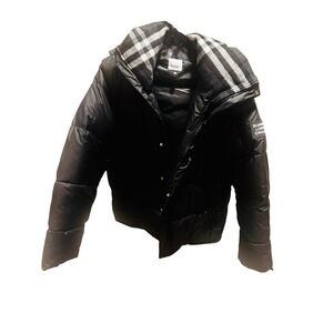 Burberry Black Quilted Down Puffer Jacket Nova‎ Check Lined Hood 2XL
